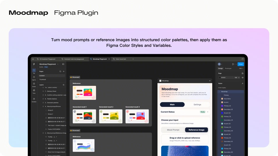 Moodmap Figma plugin generating structured palettes from reference images